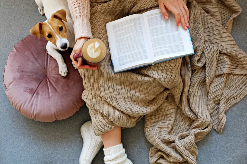 Comfy Cotton Throw with woman that's reading book and dog sitting beside her 
